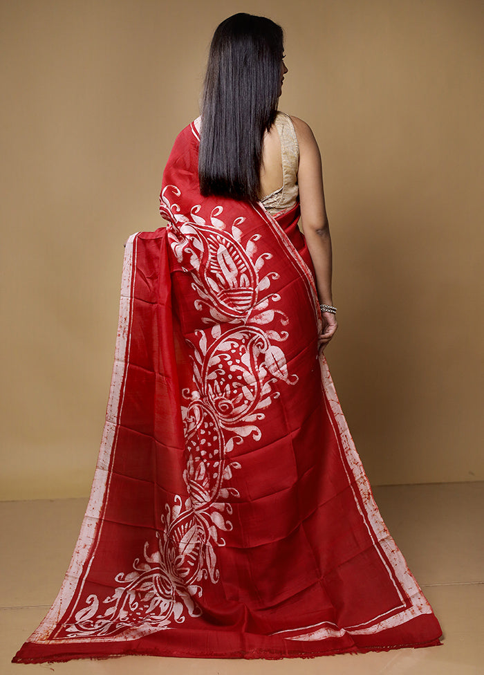 Red Printed Pure Silk Saree Without Blouse Piece