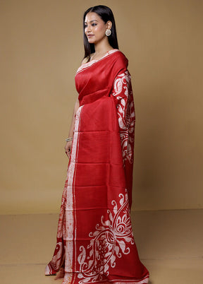 Red Printed Pure Silk Saree Without Blouse Piece