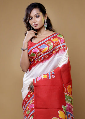 White Printed Pure Silk Saree Without Blouse Piece