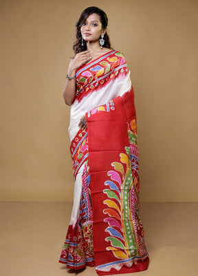 White Printed Pure Silk Saree Without Blouse Piece