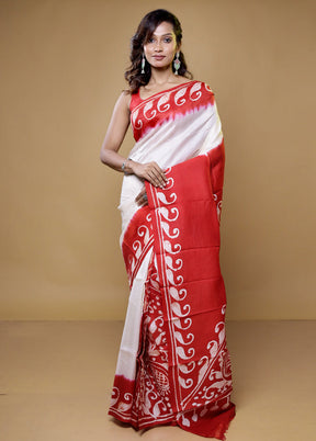 White Printed Pure Silk Saree Without Blouse Piece