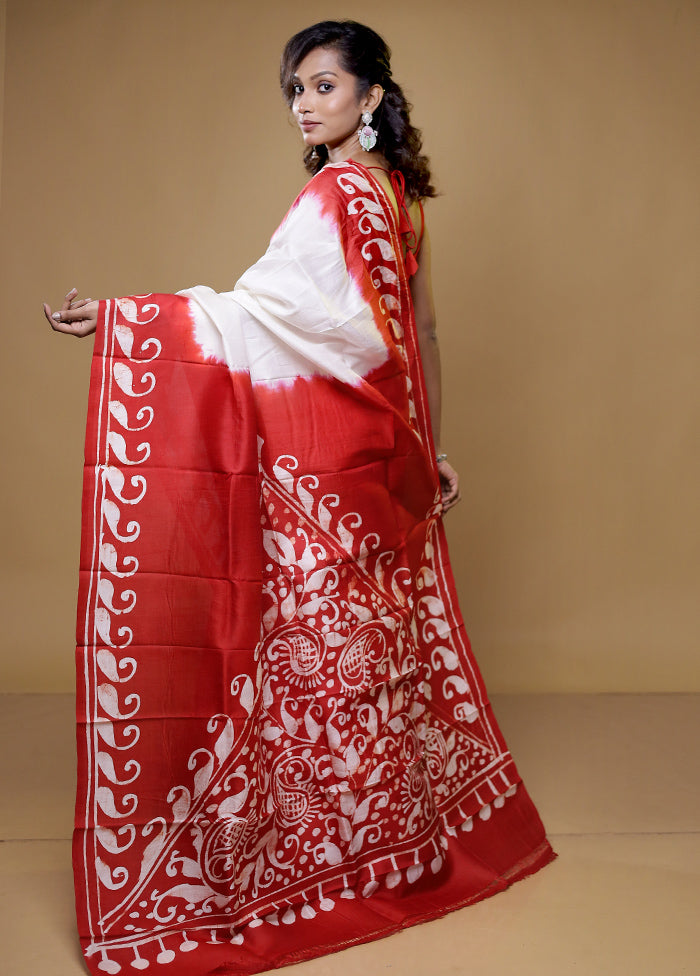 White Printed Pure Silk Saree Without Blouse Piece