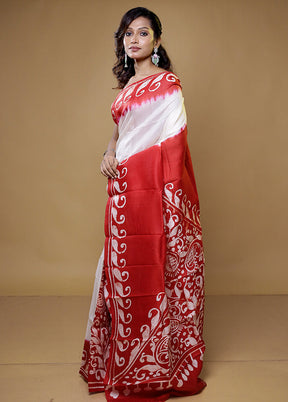 White Printed Pure Silk Saree Without Blouse Piece