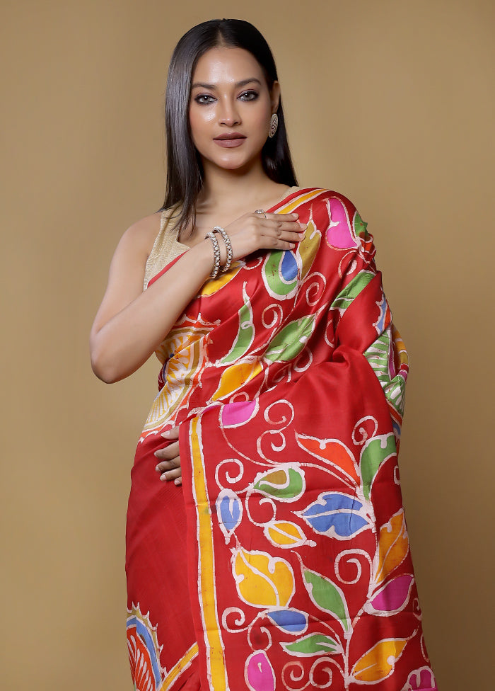 Red Printed Pure Silk Saree Without Blouse Piece