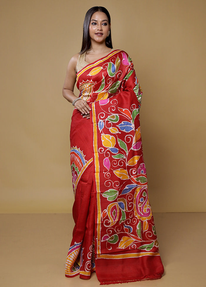 Red Printed Pure Silk Saree Without Blouse Piece