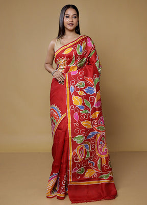 Red Printed Pure Silk Saree Without Blouse Piece