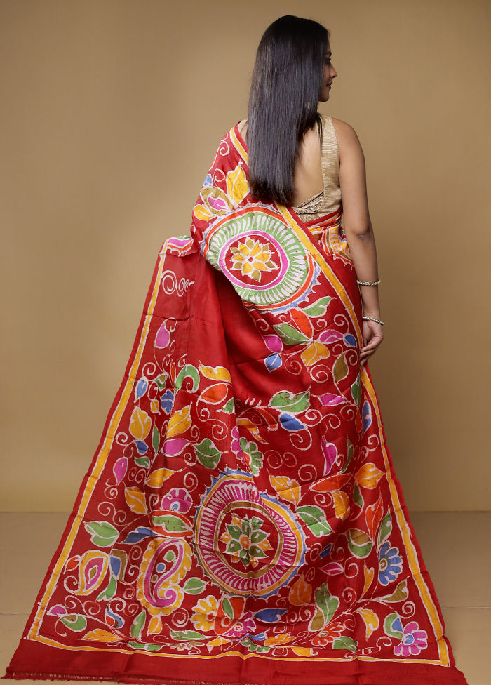 Red Printed Pure Silk Saree Without Blouse Piece