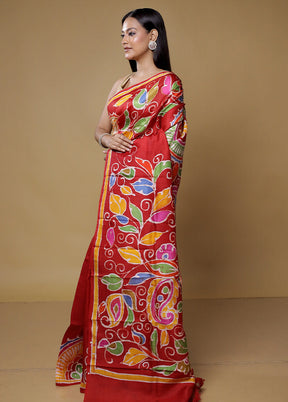 Red Printed Pure Silk Saree Without Blouse Piece