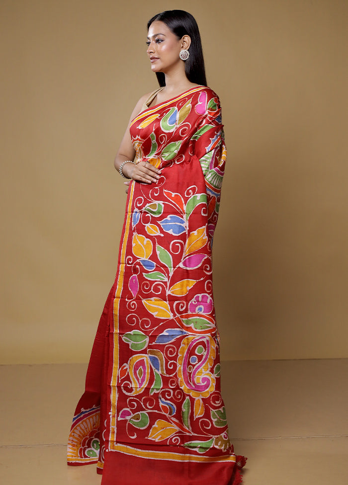 Red Printed Pure Silk Saree Without Blouse Piece