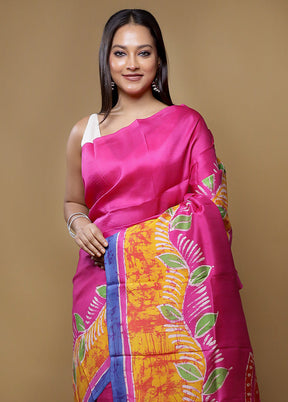 Pink Printed Pure Silk Saree Without Blouse Piece