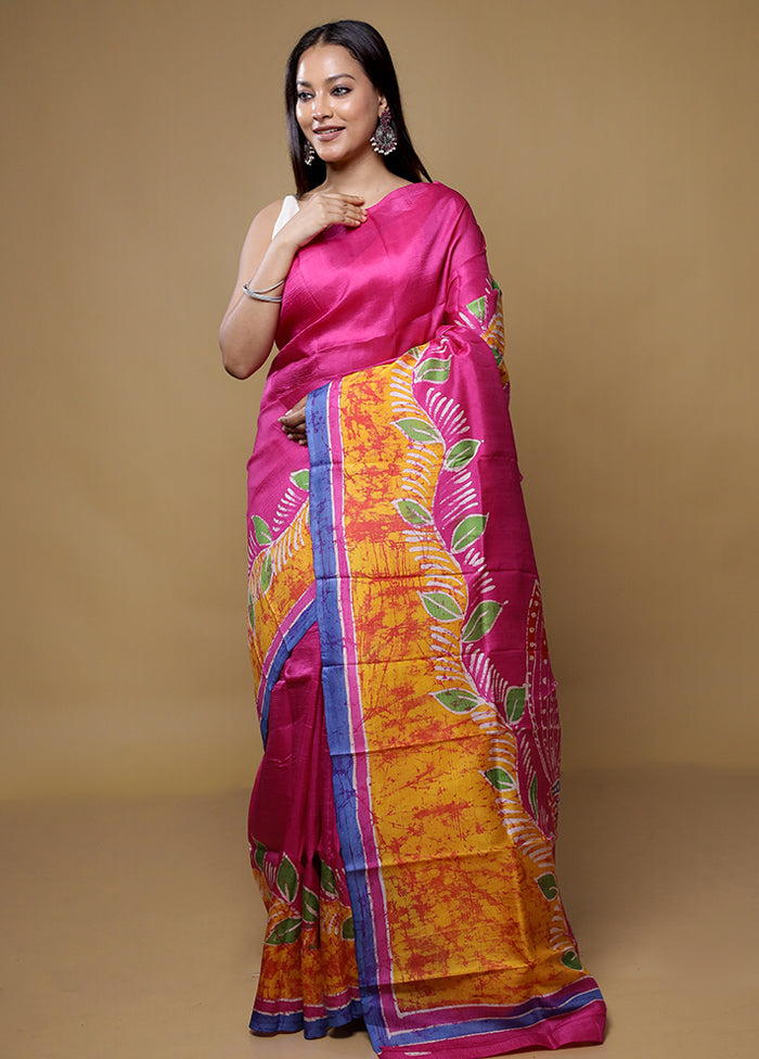 Pink Printed Pure Silk Saree Without Blouse Piece