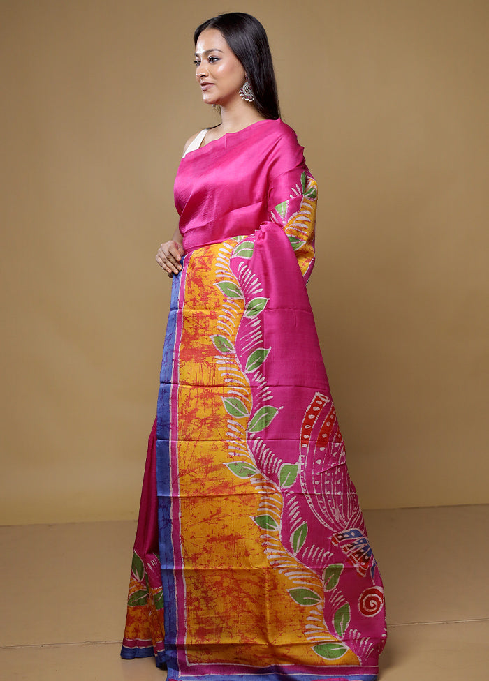 Pink Printed Pure Silk Saree Without Blouse Piece