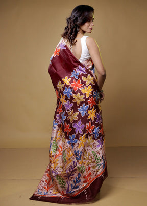 Brown Printed Pure Silk Saree Without Blouse Piece