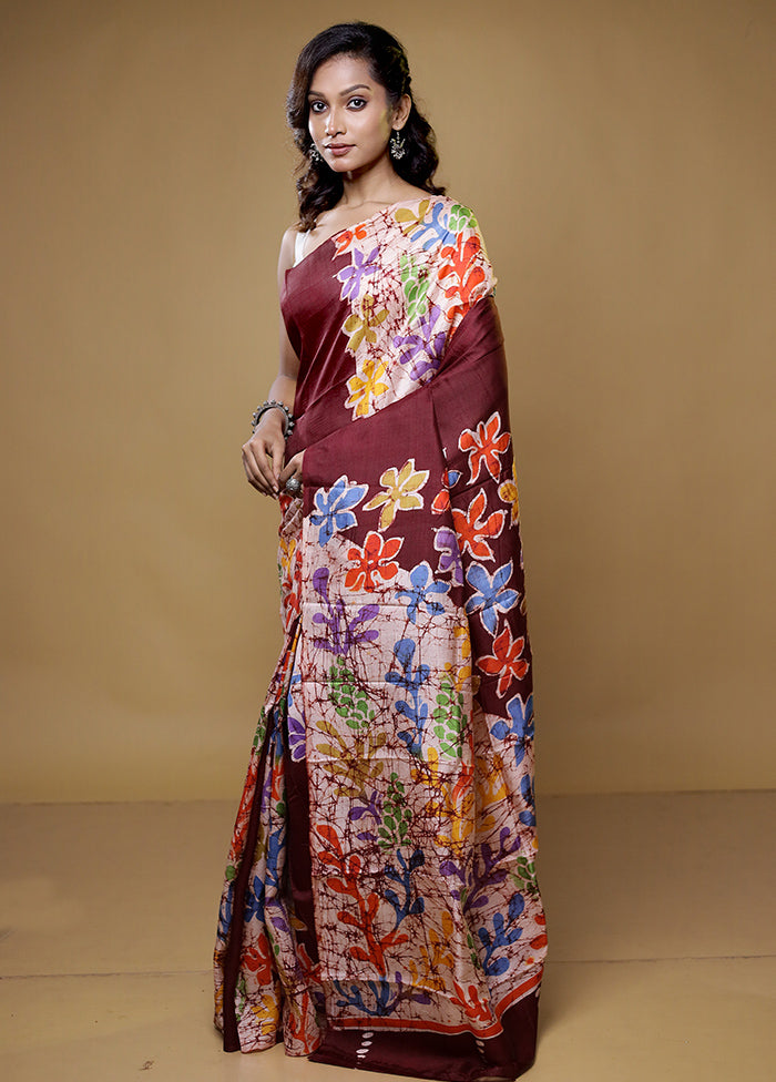 Brown Printed Pure Silk Saree Without Blouse Piece