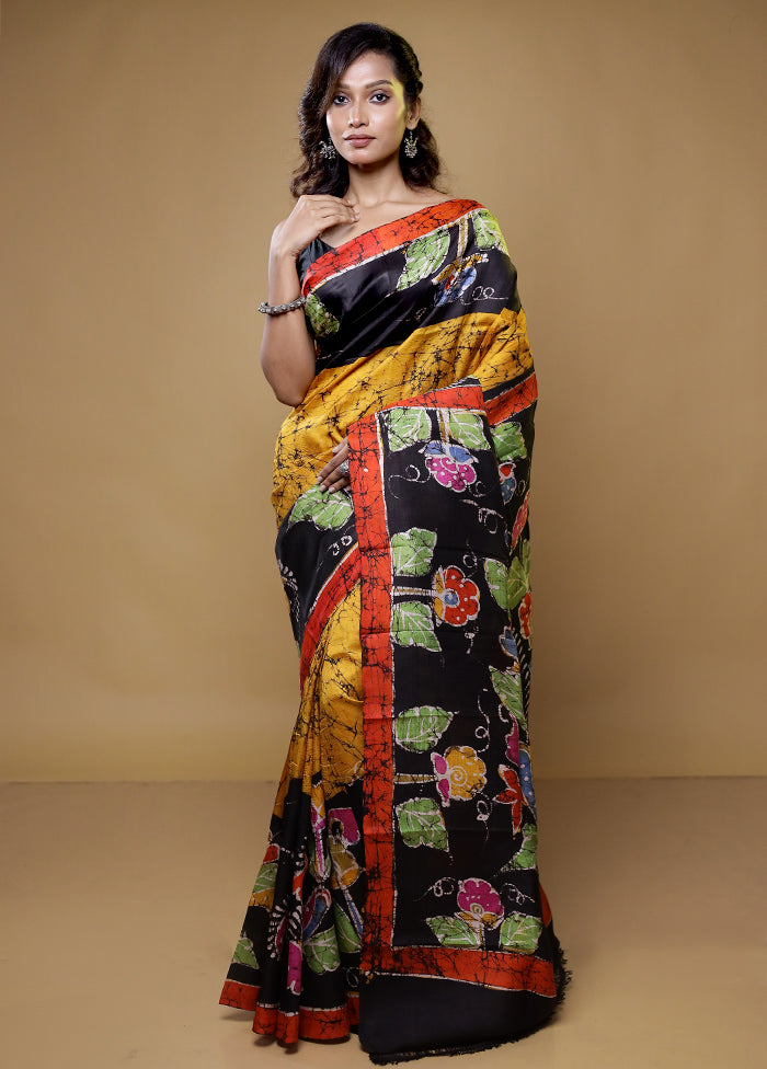 Yellow Printed Pure Silk Saree Without Blouse Piece