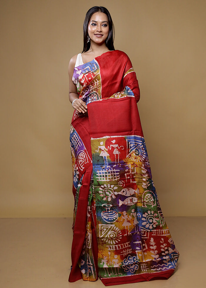 Red Printed Pure Silk Saree Without Blouse Piece