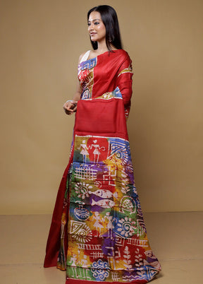 Red Printed Pure Silk Saree Without Blouse Piece