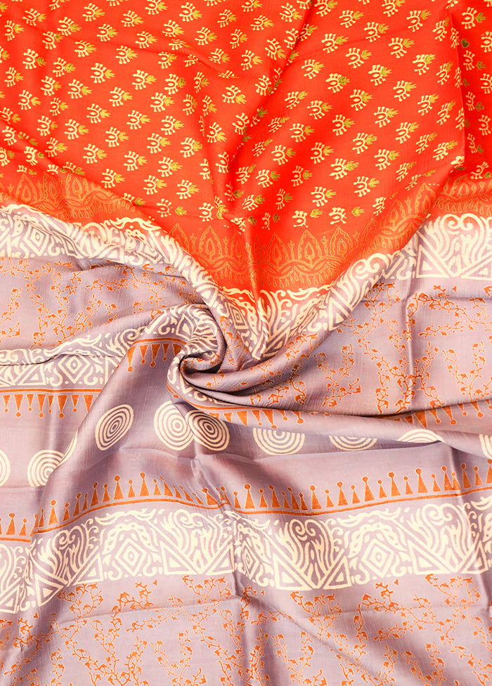 Orange Printed Pure Silk Saree Without Blouse Piece