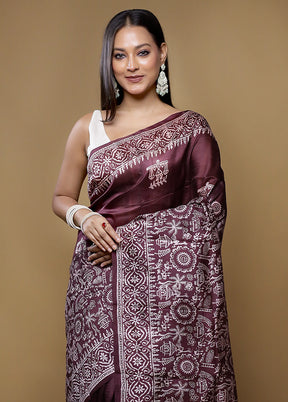 Brown Printed Pure Silk Saree Without Blouse Piece