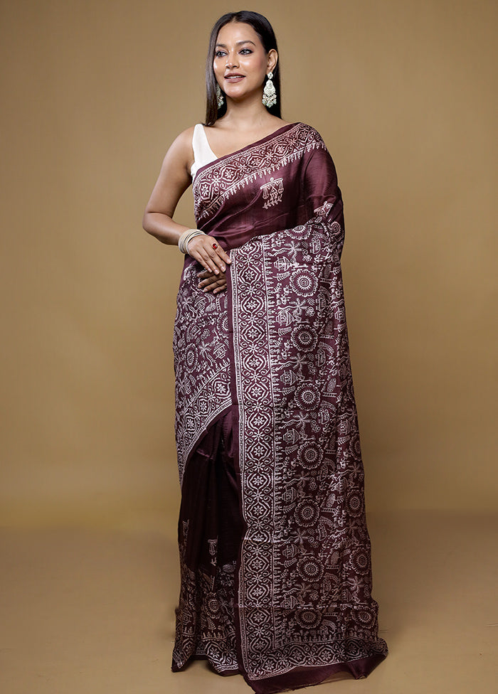 Brown Printed Pure Silk Saree Without Blouse Piece