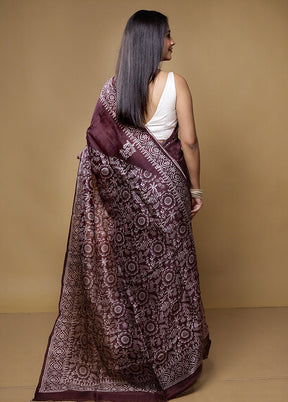 Brown Printed Pure Silk Saree Without Blouse Piece