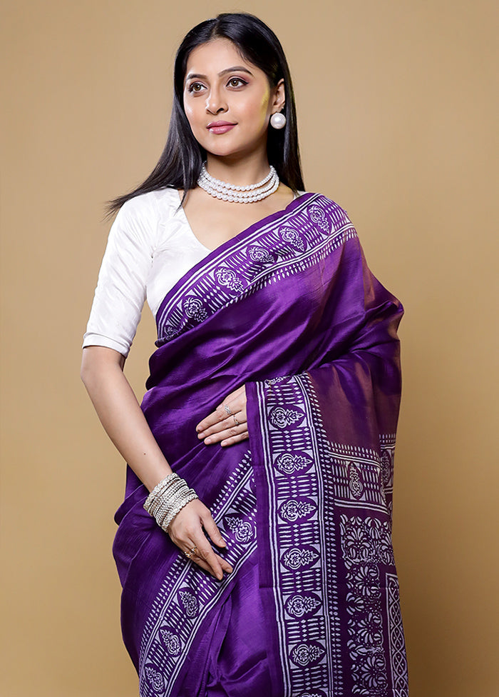 Purple Printed Pure Silk Saree Without Blouse Piece