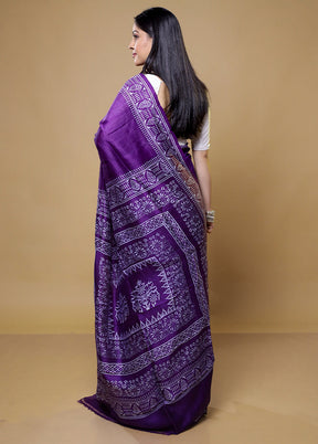 Purple Printed Pure Silk Saree Without Blouse Piece