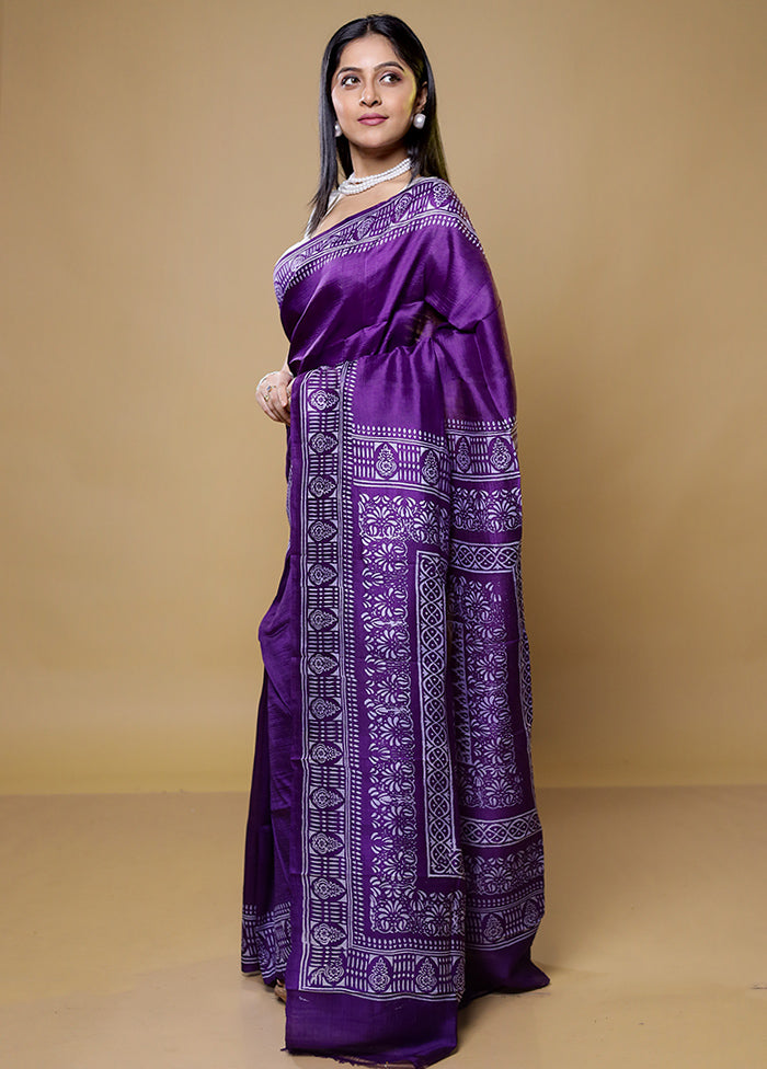 Purple Printed Pure Silk Saree Without Blouse Piece