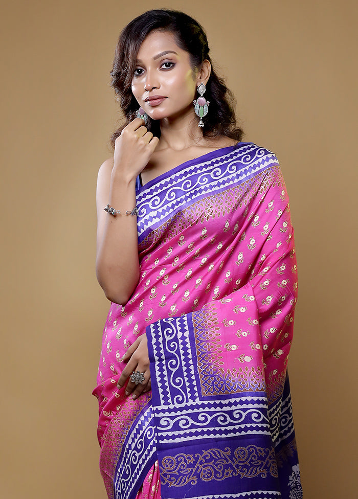 Pink Printed Pure Silk Saree Without Blouse Piece