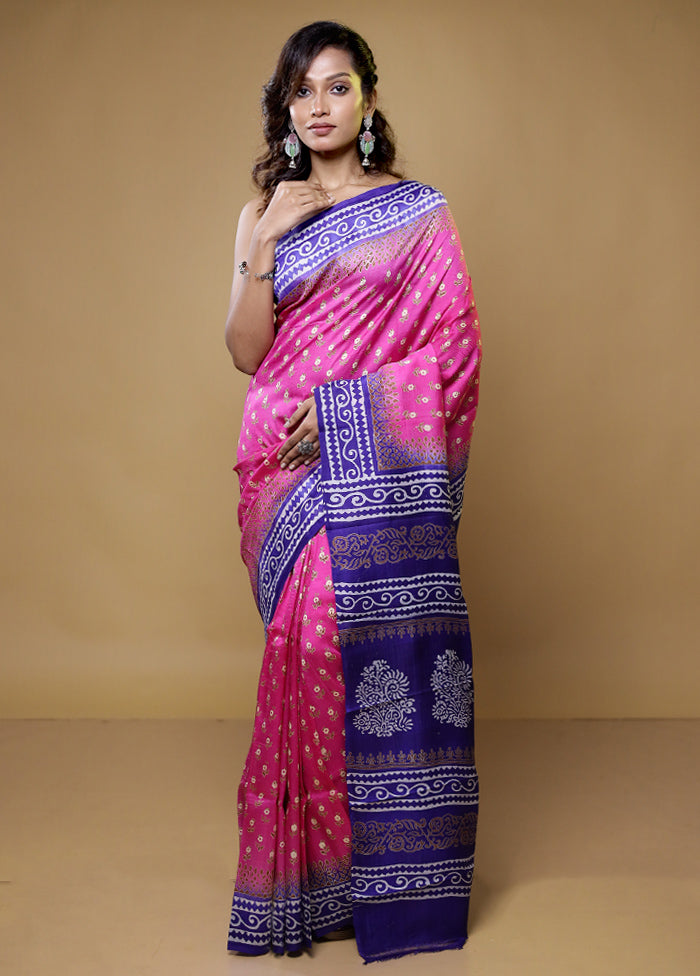 Pink Printed Pure Silk Saree Without Blouse Piece