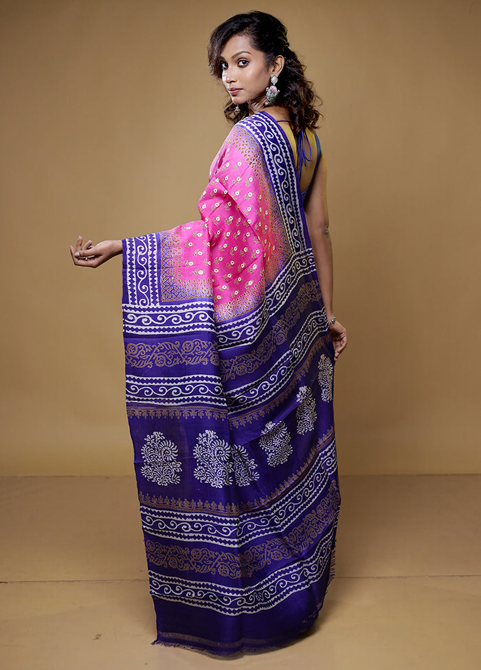 Pink Printed Pure Silk Saree Without Blouse Piece