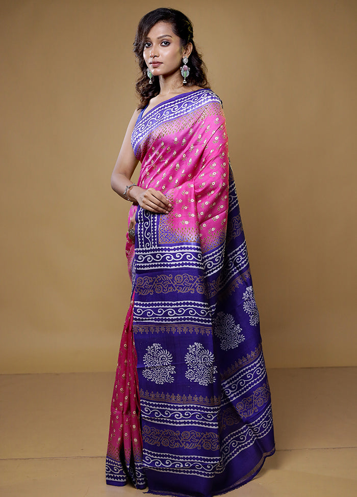 Pink Printed Pure Silk Saree Without Blouse Piece