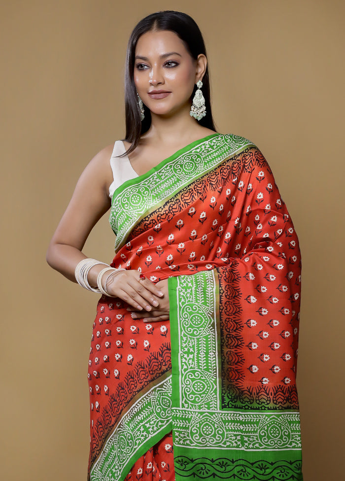 Rust Printed Pure Silk Saree Without Blouse Piece