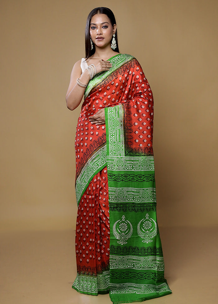 Rust Printed Pure Silk Saree Without Blouse Piece