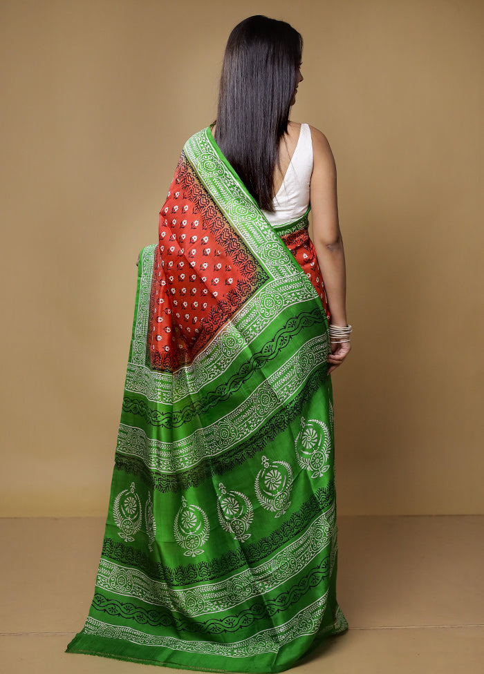 Rust Printed Pure Silk Saree Without Blouse Piece