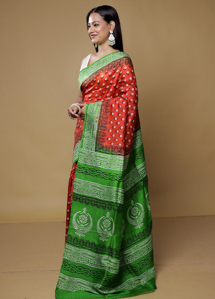 Rust Printed Pure Silk Saree Without Blouse Piece