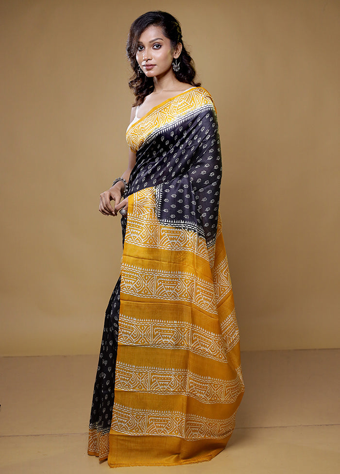 Black Printed Pure Silk Saree Without Blouse Piece