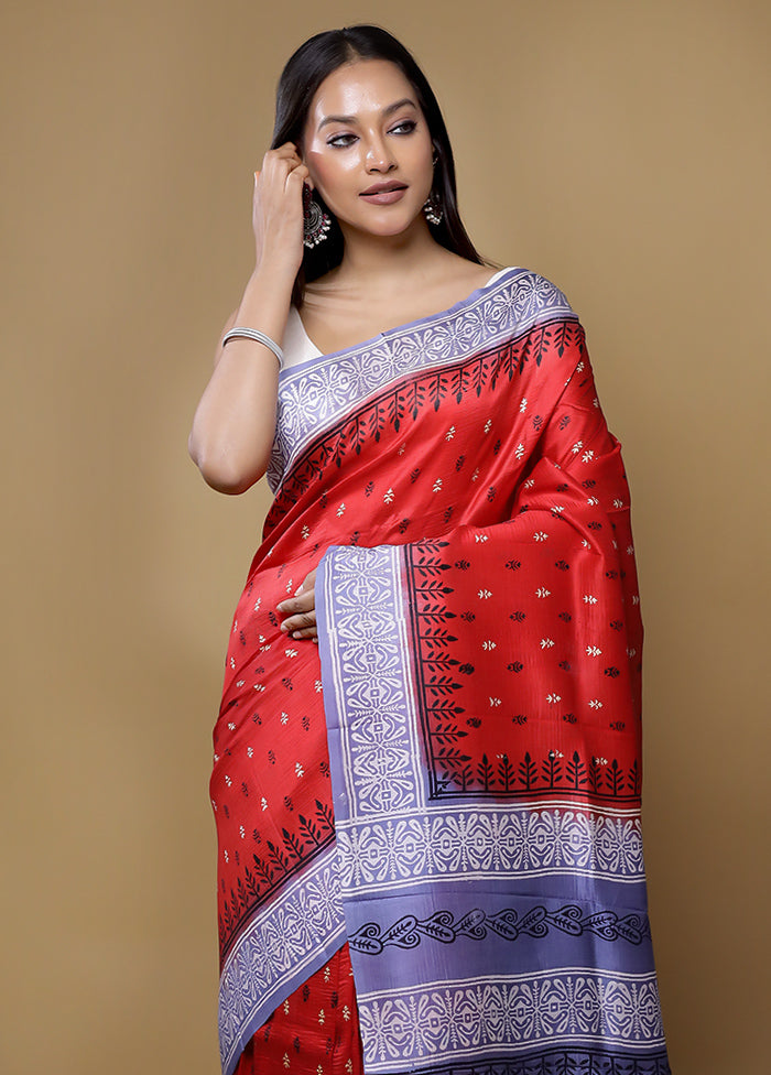 Red Printed Pure Silk Saree Without Blouse Piece