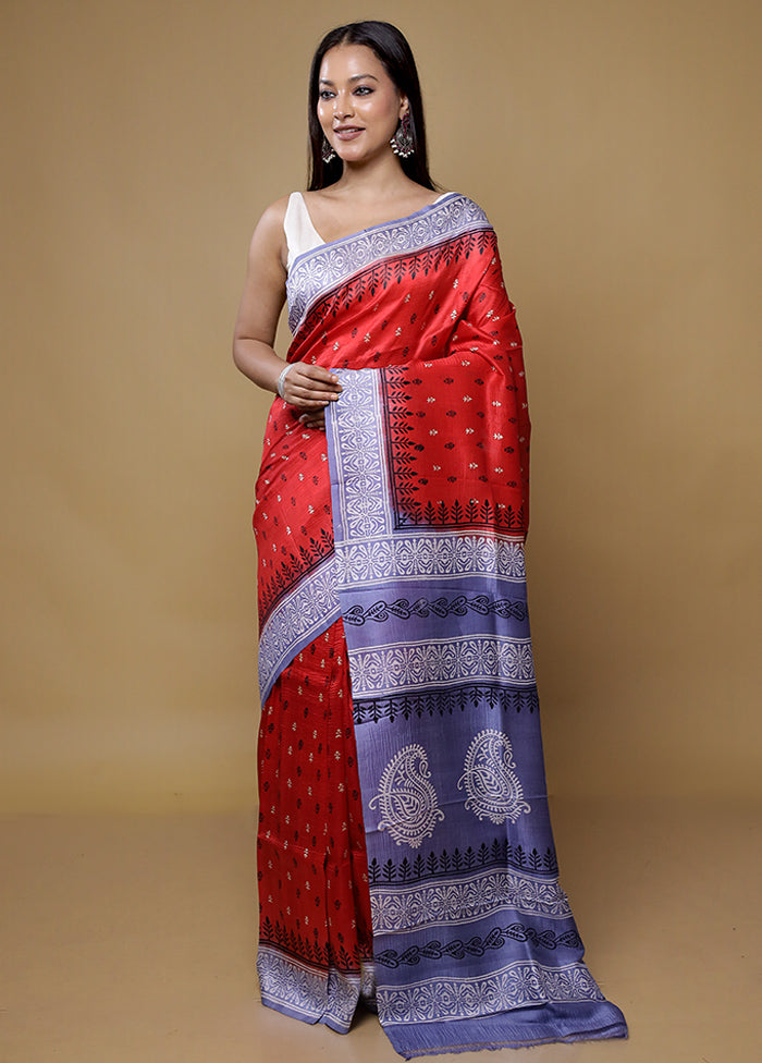 Red Printed Pure Silk Saree Without Blouse Piece