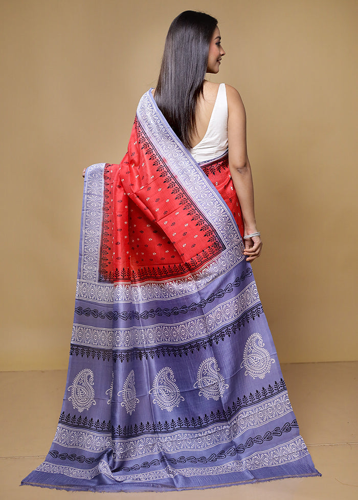 Red Printed Pure Silk Saree Without Blouse Piece