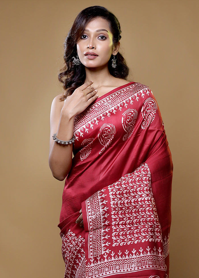 Maroon Printed Pure Silk Saree Without Blouse Piece