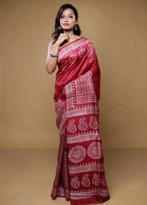 Maroon Printed Pure Silk Saree Without Blouse Piece