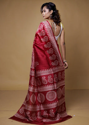 Maroon Printed Pure Silk Saree Without Blouse Piece