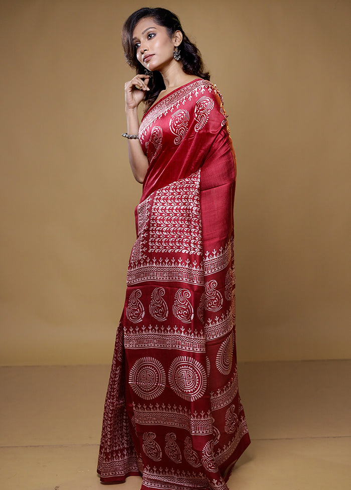 Maroon Printed Pure Silk Saree Without Blouse Piece