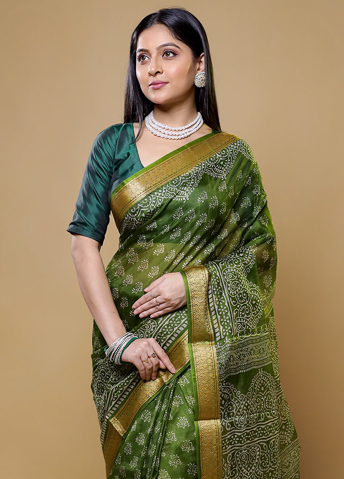 Green Printed Pure Silk Saree Without Blouse Piece