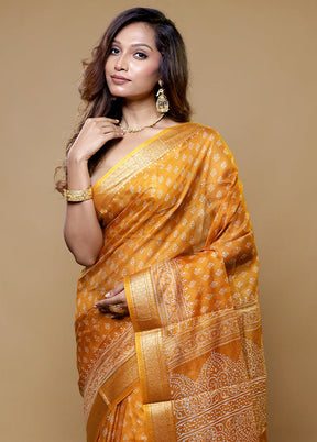 Yellow Printed Pure Silk Saree Without Blouse Piece