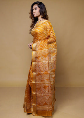 Yellow Printed Pure Silk Saree Without Blouse Piece