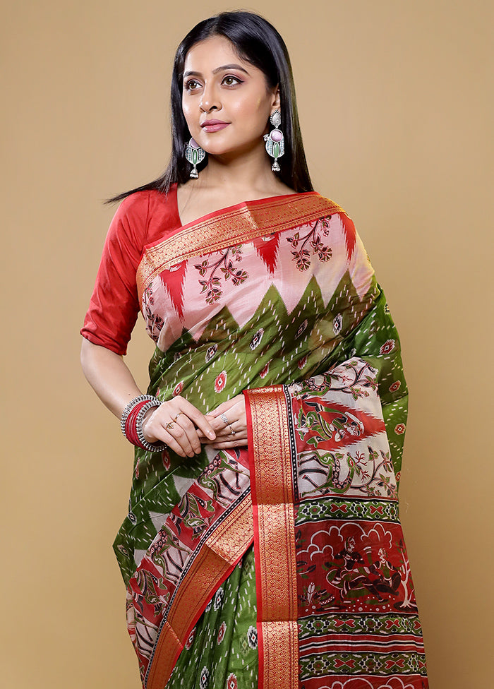 Green Printed Pure Silk Saree Without Blouse Piece