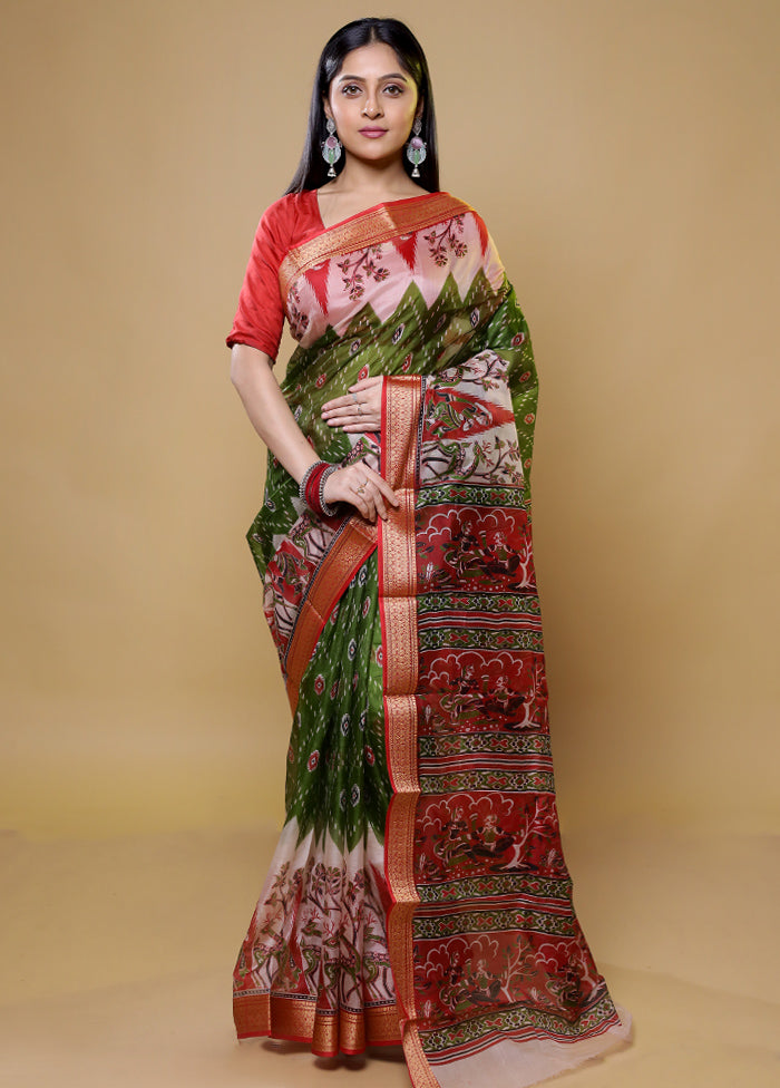 Green Printed Pure Silk Saree Without Blouse Piece