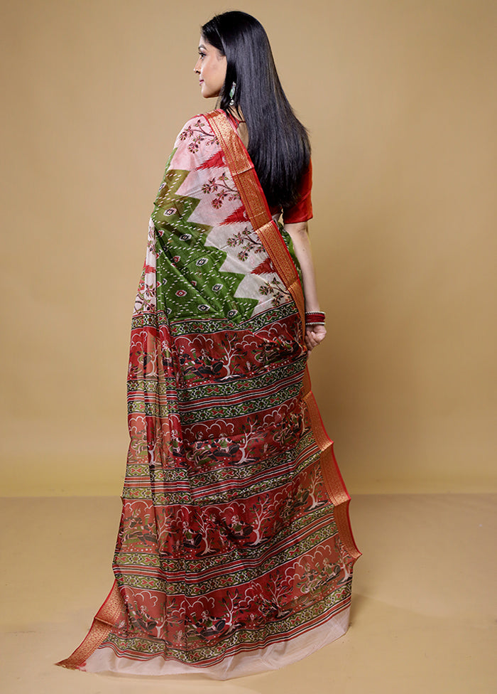 Green Printed Pure Silk Saree Without Blouse Piece